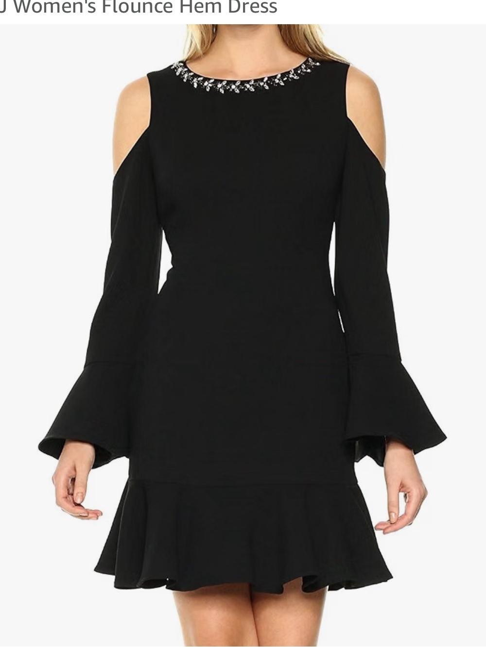 Eliza J Black Cold-Shoulder Jewel-Neck Flounce Dress